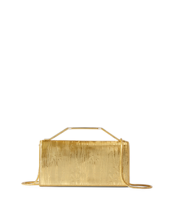 Veronica Beard Textured gold structured handbag with metal handle and chain.
