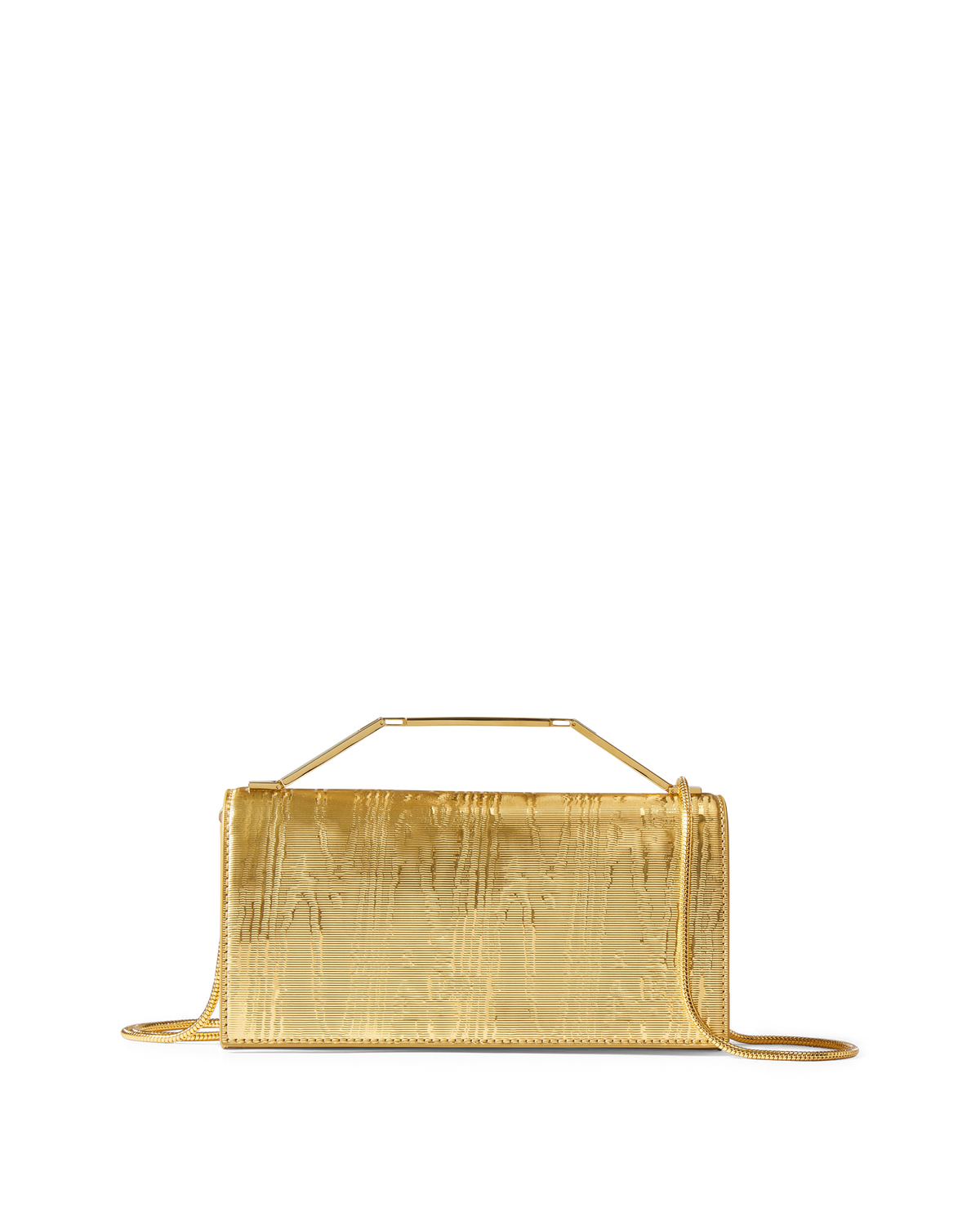 Veronica Beard Textured gold structured handbag with metal handle and chain.