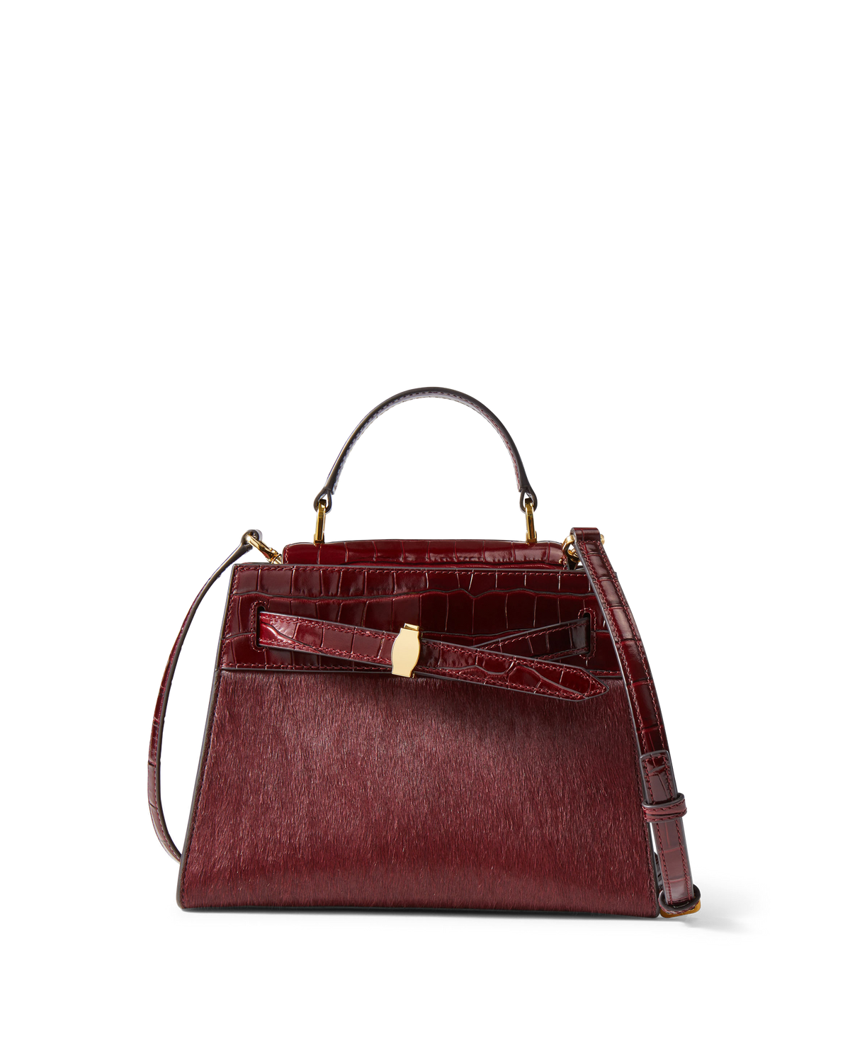 Veronica Beard Burgundy crocodile embossed leather handbag with gold hardware.