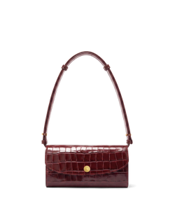 Veronica Beard Burgundy crocodile embossed leather structured shoulder bag.