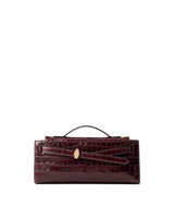 Veronica Beard Burgundy embossed leather structured handbag with gold clasp.