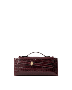 Veronica Beard Burgundy embossed leather structured handbag with gold clasp.