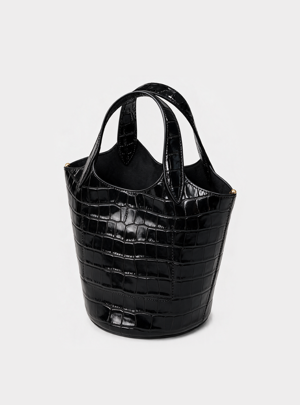 Veronica Beard Black glossy embossed crocodile leather bucket bag.