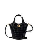 Veronica Beard Black embossed leather bucket bag with gold hardware.