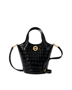 Veronica Beard Black embossed leather bucket bag with gold hardware.