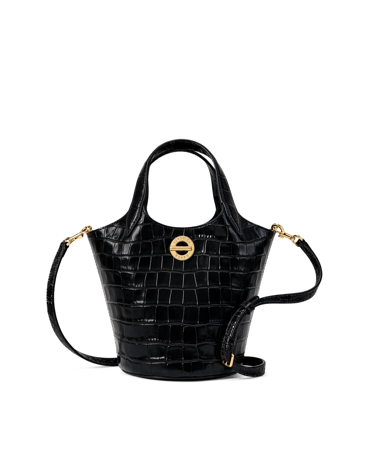 Veronica Beard Black embossed leather bucket bag with gold hardware.