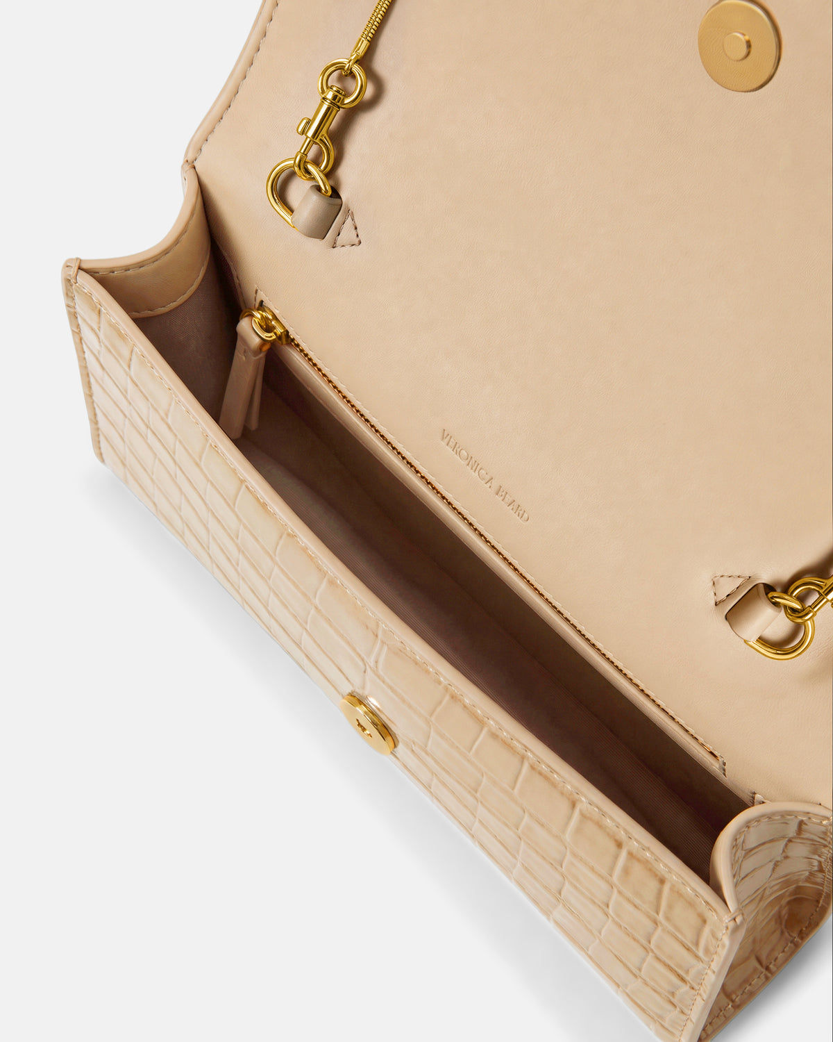 Veronica Beard Beige embossed leather chain strap handbag.