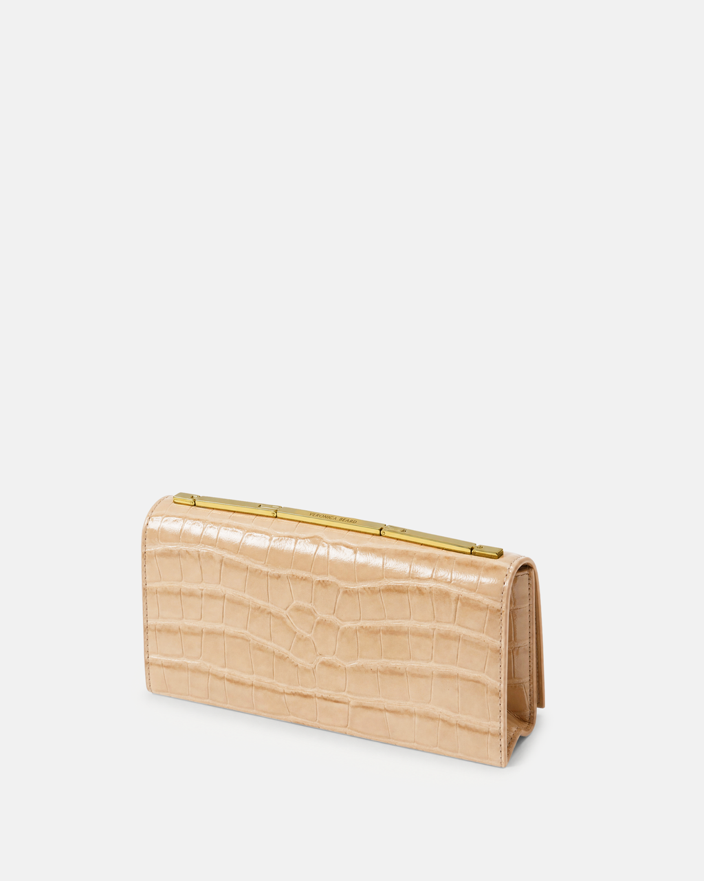 Veronica Beard Beige embossed leather structured clutch, gold hardware.