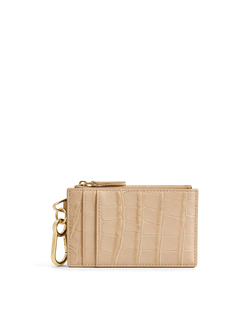 Veronica Beard Beige embossed leather card holder with keyring.