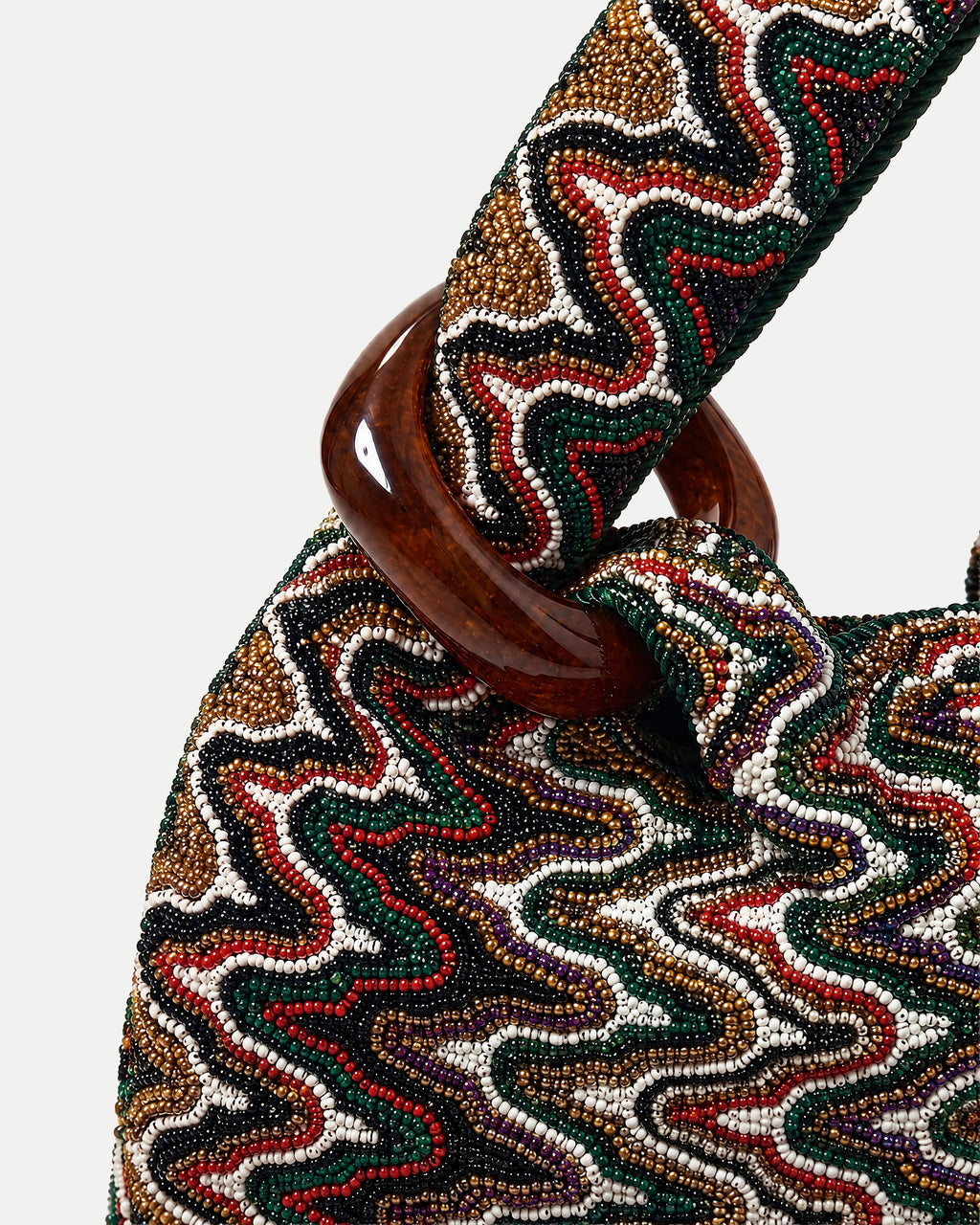 Veronica Beard Multicolor beaded handbag with tortoiseshell acrylic ring handles.