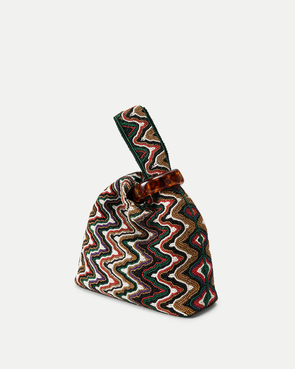 Veronica Beard Multicolor beaded wavy patterned handbag with tortoiseshell ring.