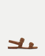 Veronica Beard Brown suede flat sandals with gold buckles.