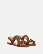 Veronica Beard Brown suede flat sandals with gold buckles.