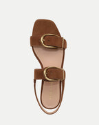 Veronica Beard Brown suede sandal with two gold buckles.