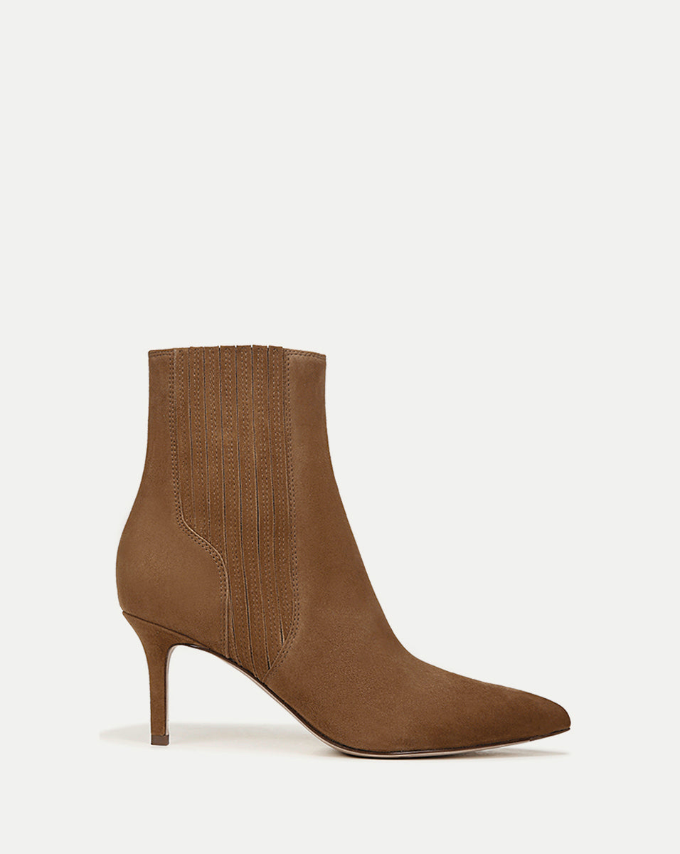 Veronica Beard Brown suede heeled ankle boot with pointed toe.