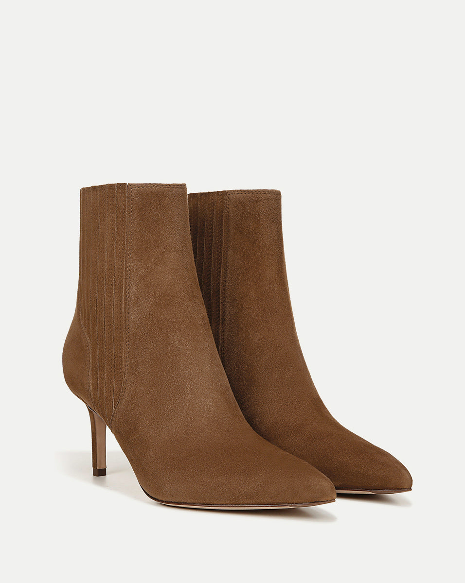 Veronica Beard Brown suede pointed-toe heeled ankle boots.
