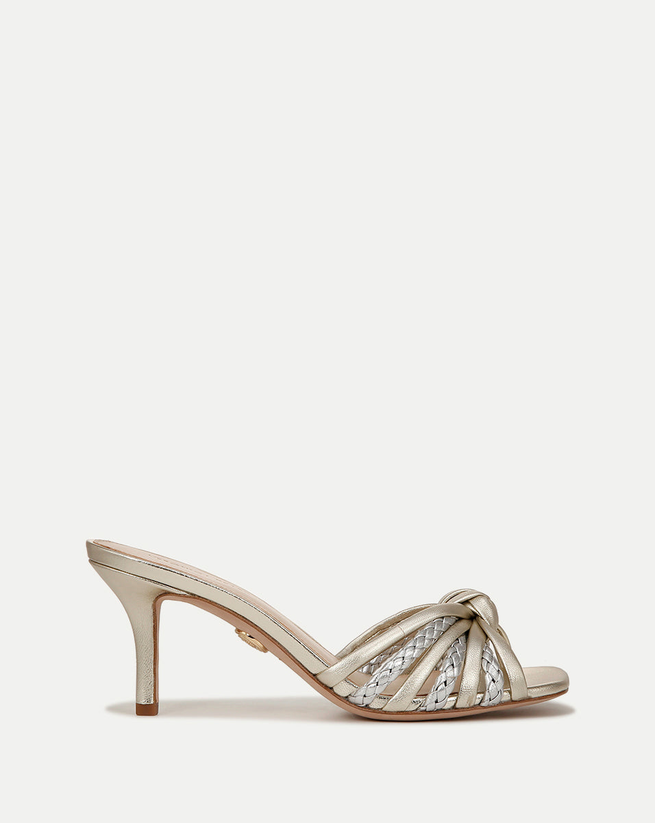 Misa Knot-Front Platinum Heel Sandals | Veronica Beard