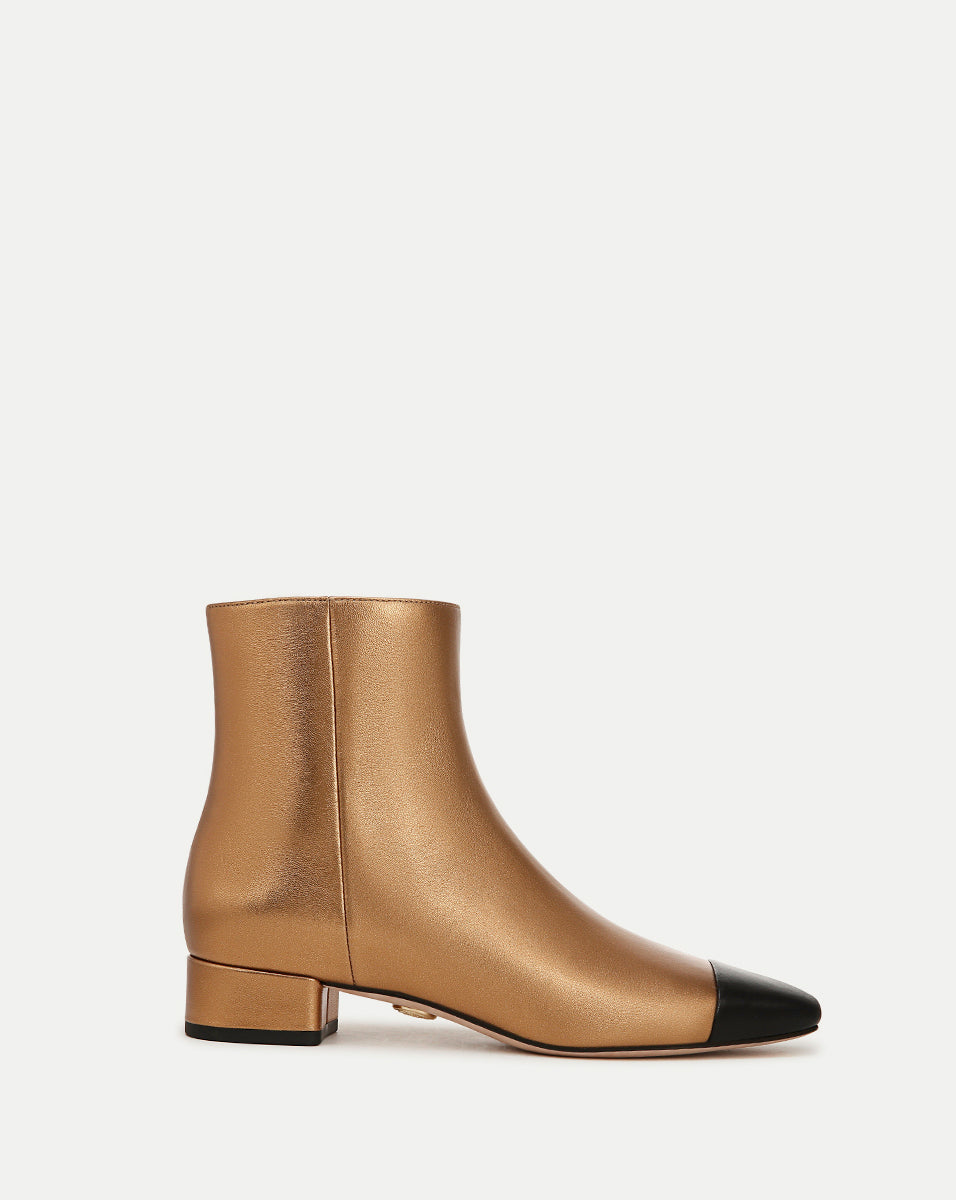 Cecile Leather Cap-Toe Bootie in Gold/Black | Veronica Beard