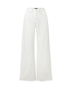 Veronica Beard White wide-leg jeans with frayed hems.
