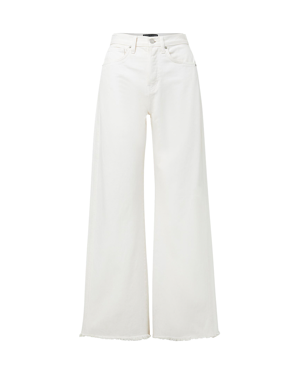 Veronica Beard White wide-leg jeans with frayed hems.