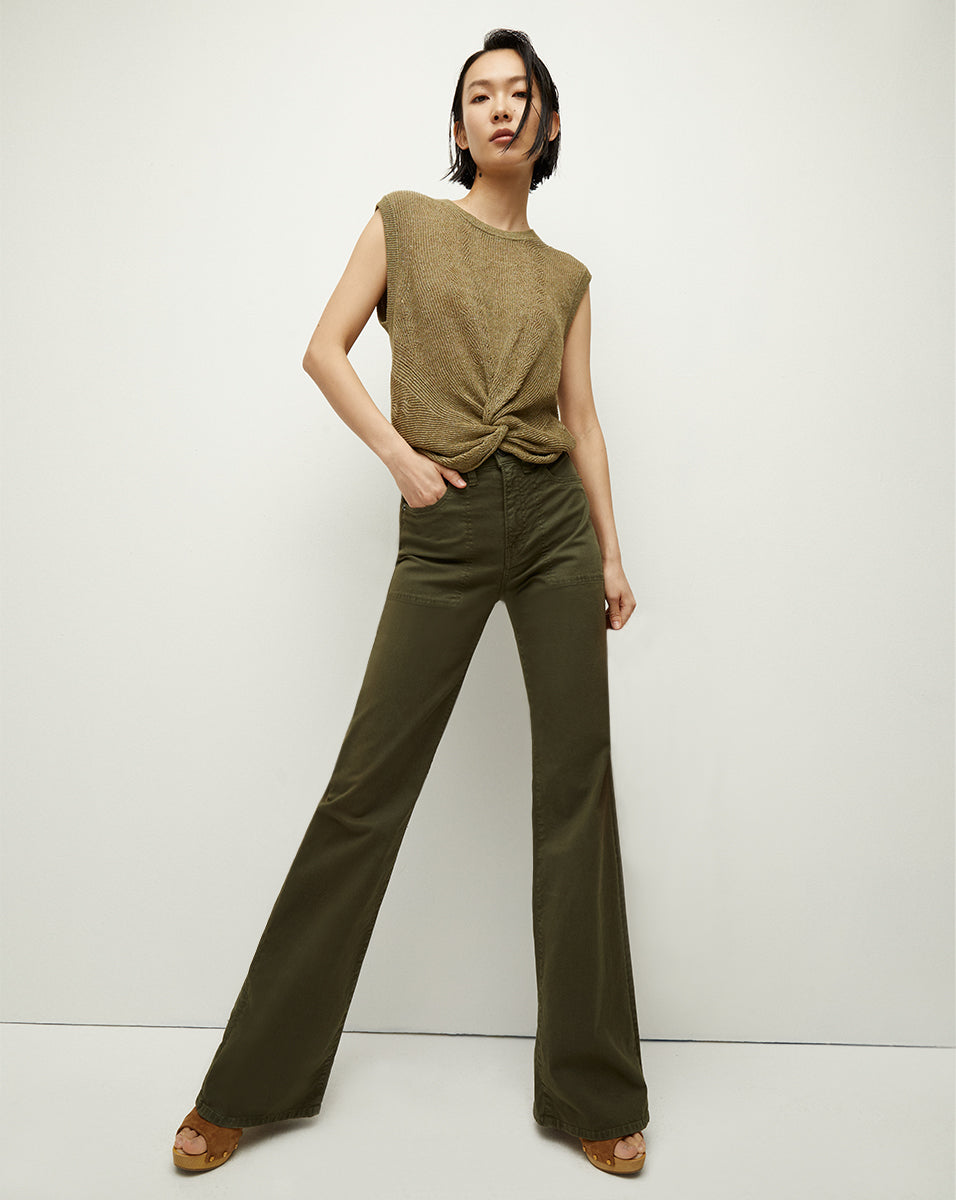 Veronica Beard Crosbie Patch Pocket Slim Wide-Leg Pant - Army Green