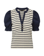 Veronica Beard Raegan Puff-Sleeve Top - Marine/Off-White