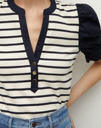 Veronica Beard Raegan Puff-Sleeve Top - Marine/Off-White