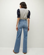 Veronica Beard Raegan Puff-Sleeve Top - Marine/Off-White