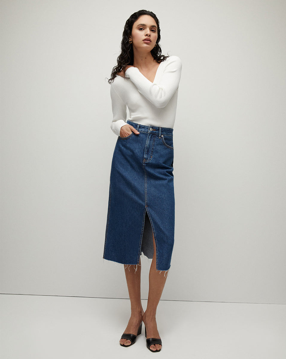 Victoria Raw-Edge Midi Denim Skirt | Veronica Beard