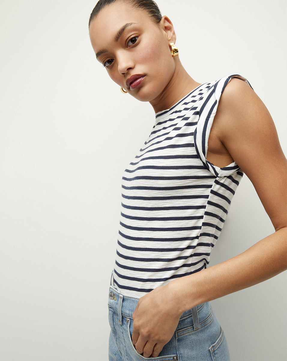 Dree Striped Muscle Tee in Off-White/Marine | Veronica Beard