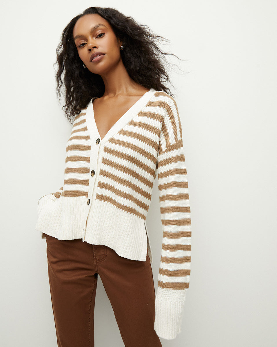 Saylor Cotton Cardigan in Off-White/Khaki | Veronica Beard