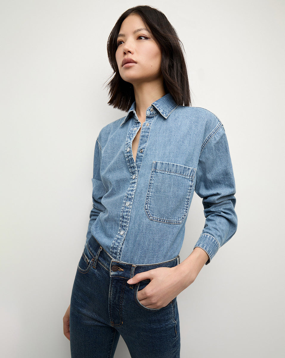 Veronica Beard Tes discount Ruffled Denim Button Down