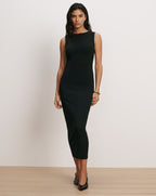 Veronica Beard Black sleeveless midi dress, fitted silhouette.