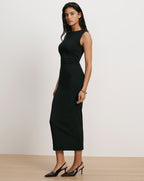 Veronica Beard Black sleeveless midi dress, fitted silhouette.