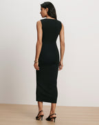 Veronica Beard Black sleeveless midi dress, ribbed knit, form-fitting.
