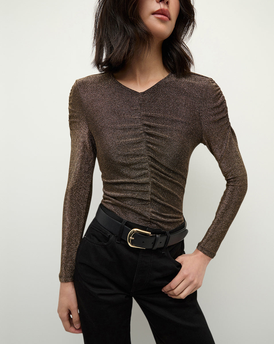 Neeta Ruched Long Sleeve Top in Gold | Veronica Beard