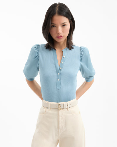 Veronica Beard Coralee Puff-Sleeve Tee - Sea Glass