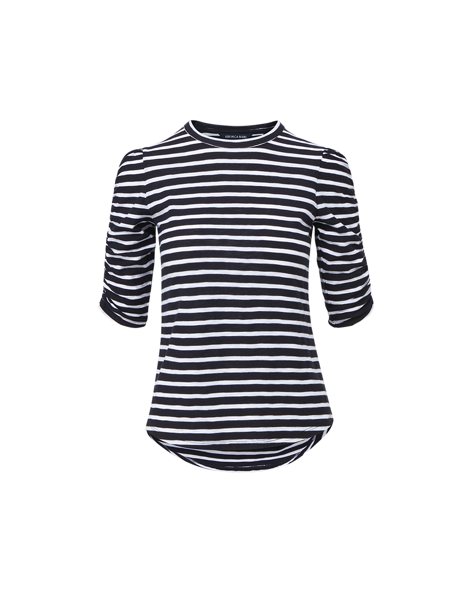 Veronica Beard Waldorf Ruched-Sleeve T-Shirt Navy/White
