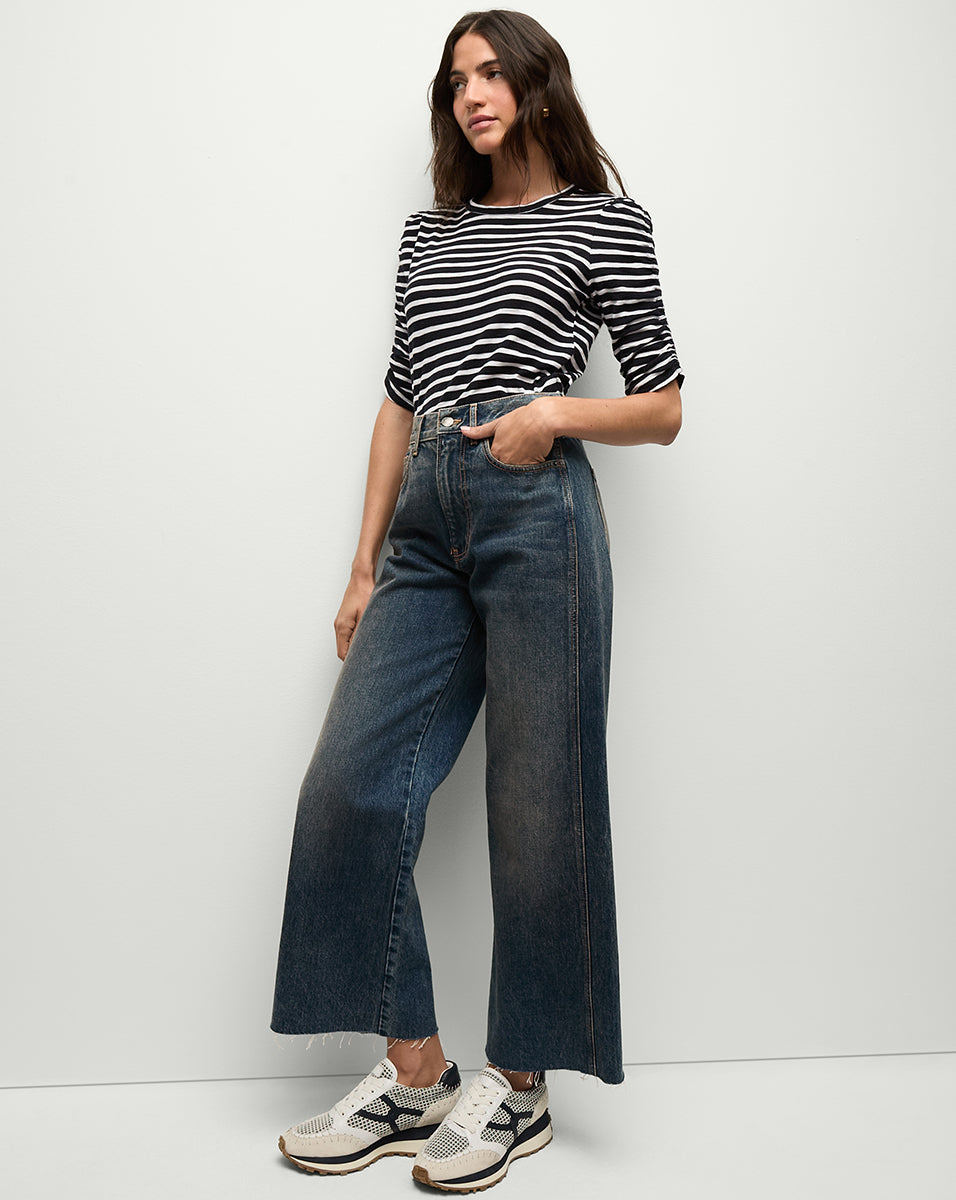 Veronica Beard Waldorf Ruched-Sleeve T-Shirt - Navy/White