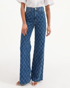 Veronica Beard Taylor Diamond Printed Wide-Leg Jean - Blue Diamond