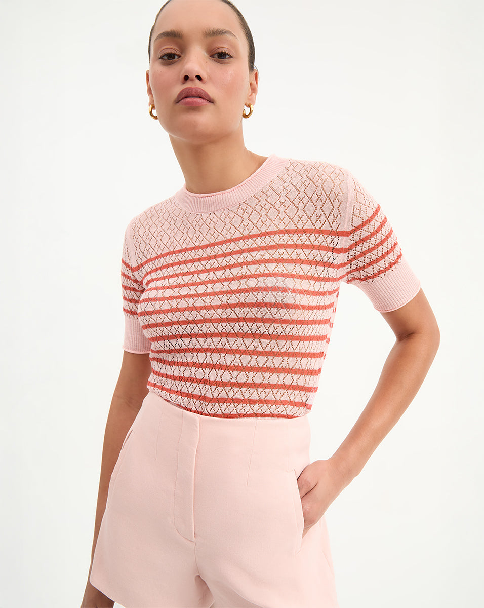 Veronica Beard Declan Short Sleeve Pullover - Pink Shell/Persimmon