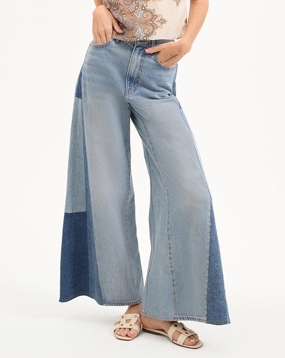 パンツ archive rebirth patchwork wide denim Vicki Patchwork Wide-Leg Jean in Wanderer Undone | Veronica Beard