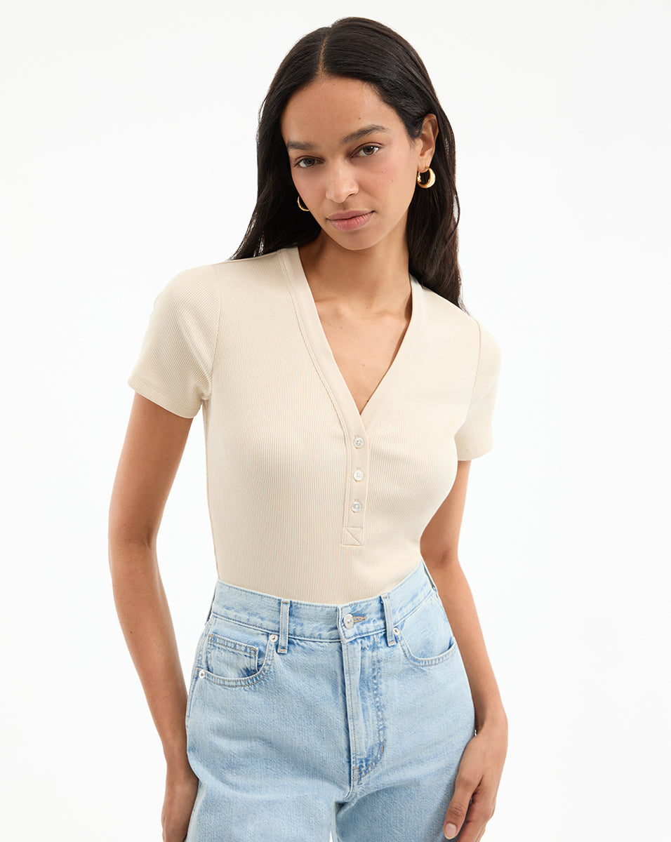 Veronica Beard Dekalb Ribbed Henley T-Shirt - Limestone