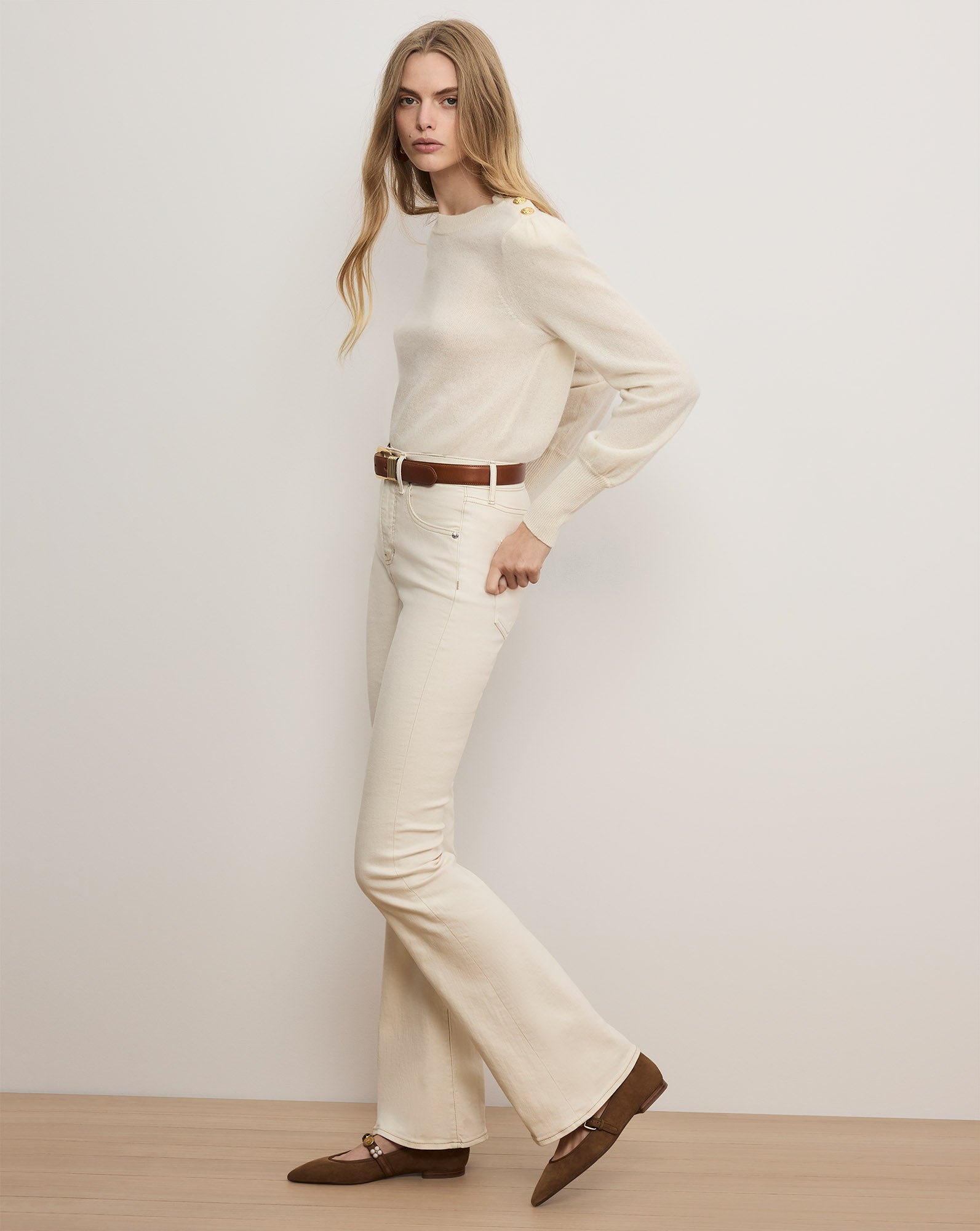 Nelia Cashmere Pullover | Button Accent in Ivory | Veronica Beard