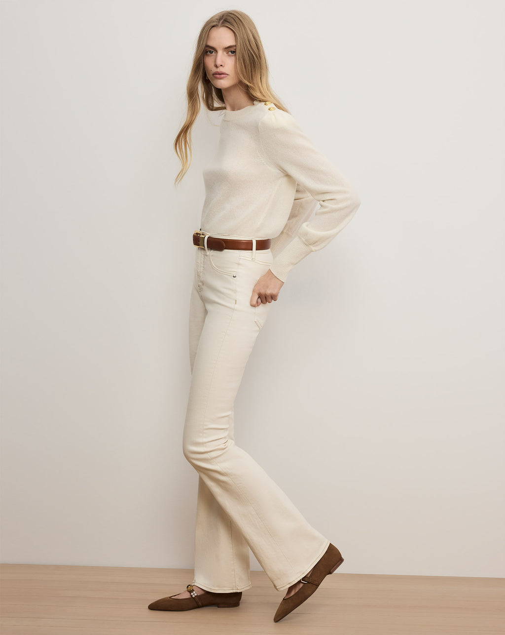 Veronica Beard Nelia Cashmere Pullover | Button Accent - Ivory