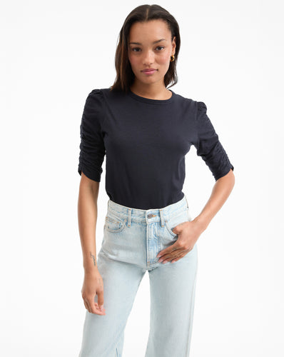 Veronica Beard Waldorf Ruched-Sleeve Slub T-Shirt - Navy