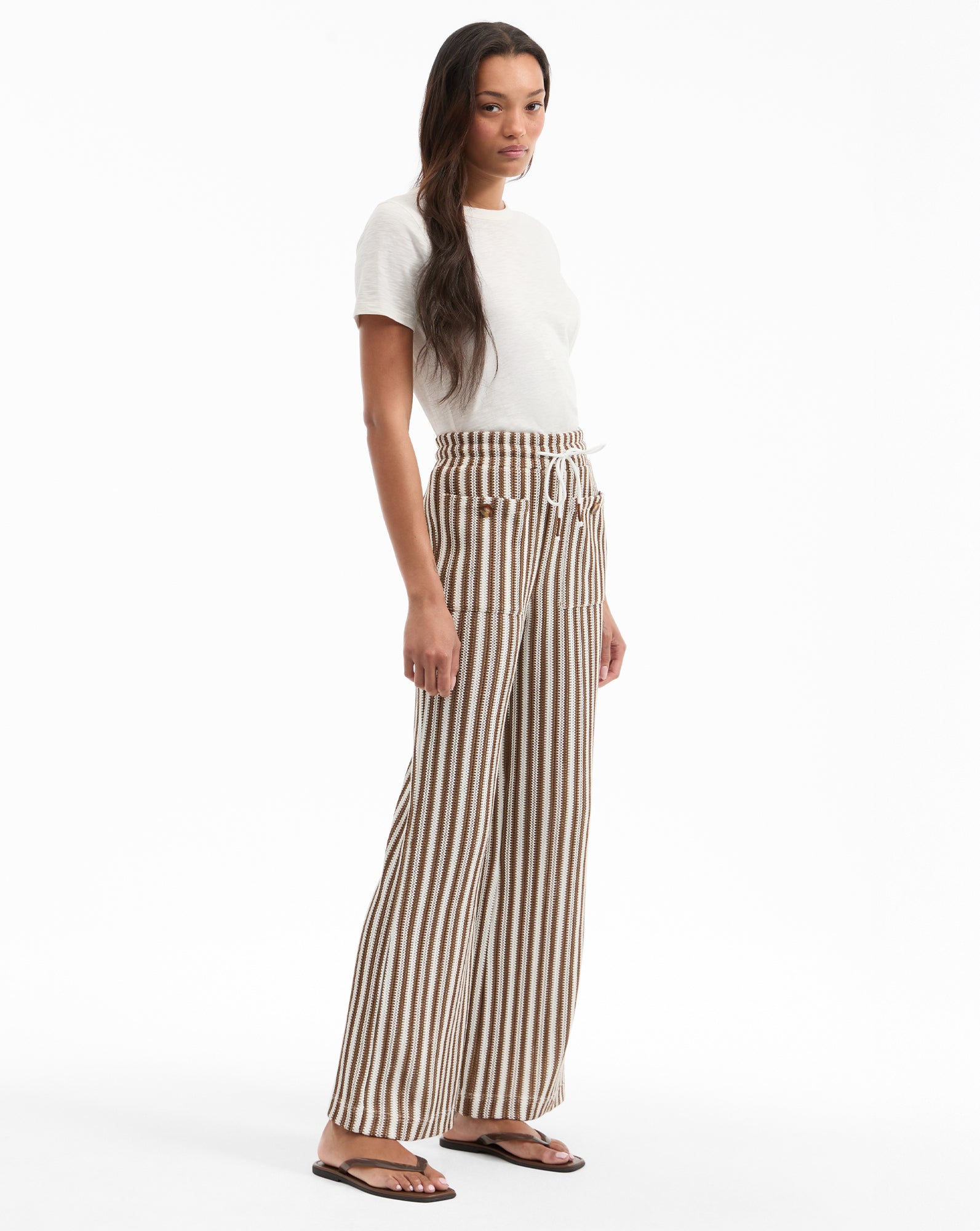 Zosia Knit Pant in White & Brown Stripes | Veronica Beard