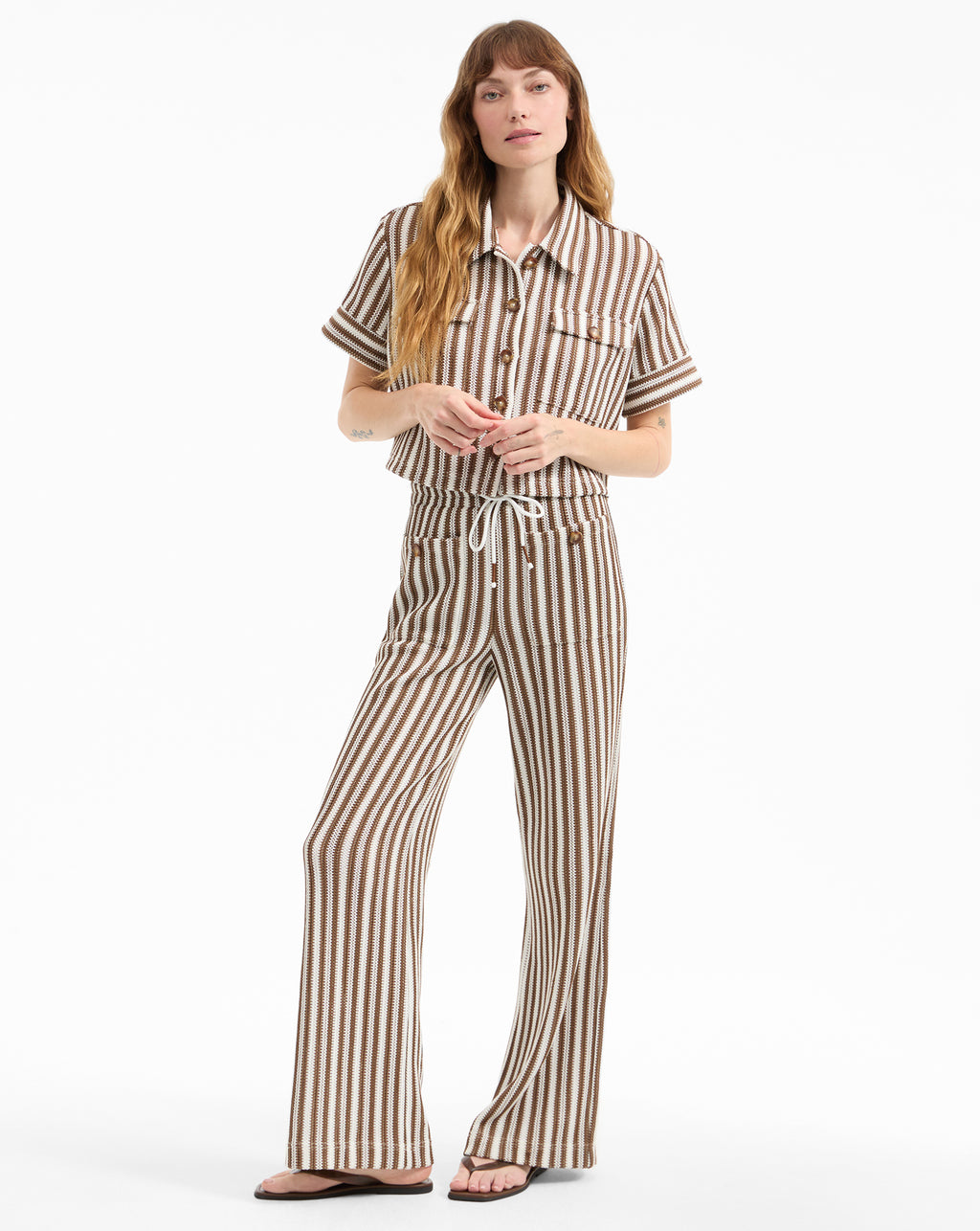 Veronica Beard Bouvier Knit Button-Down Shirt - White/Brown