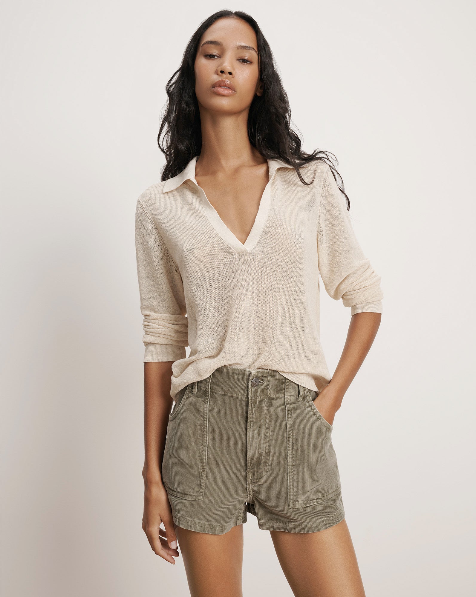 Veronica Beard Issa Knit Long-Sleeve Polo - Ecru