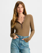 Veronica Beard Drexler Ribbed Henley Top - Lichen